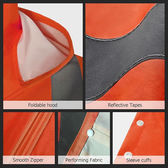 High Visibility Rain Coat, High Vis Rain Suit for Men, Waterproof Rain Jacket with Hood, Class 3 Lightweight Hi Vis Rain Gear for Outdoor Activities& Safety Work, Men Women, Orange T, S-M