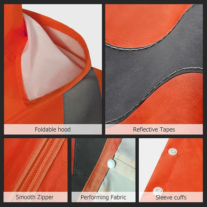 High Visibility Rain Coat, High Vis Rain Suit for Men, Waterproof Rain Jacket with Hood, Class 3 Lightweight Hi Vis Rain Gear for Outdoor Activities& Safety Work, Men Women, Orange T, S-M