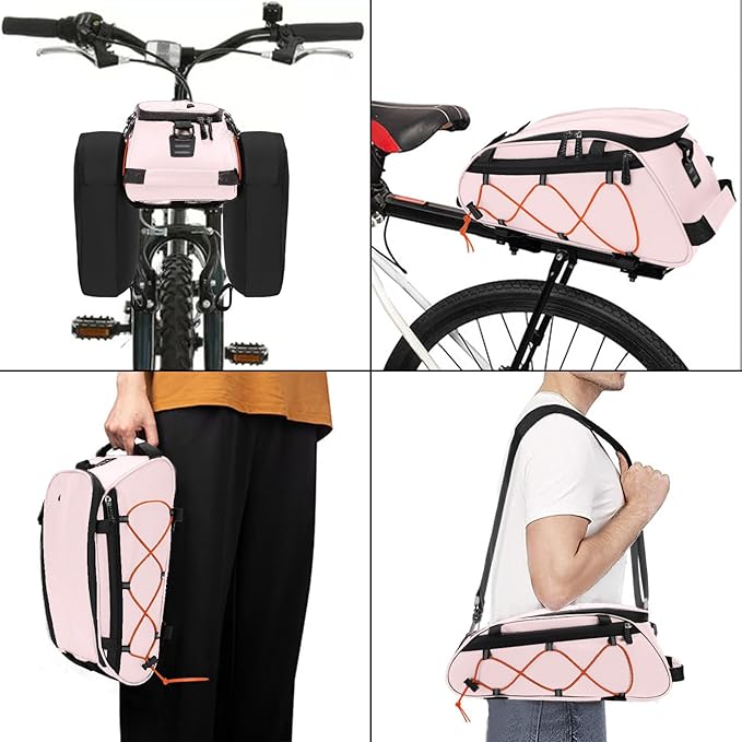 MOSISO Bike Rack Bag with 2 Removable Panniers, Waterproof Bike Trunk Cooler Storage Handbag Insulated Bicycle Rear Seat Pouch, Bicycle Storage Saddle Shoulder Bag Cycling Luggage Pouch, Pink