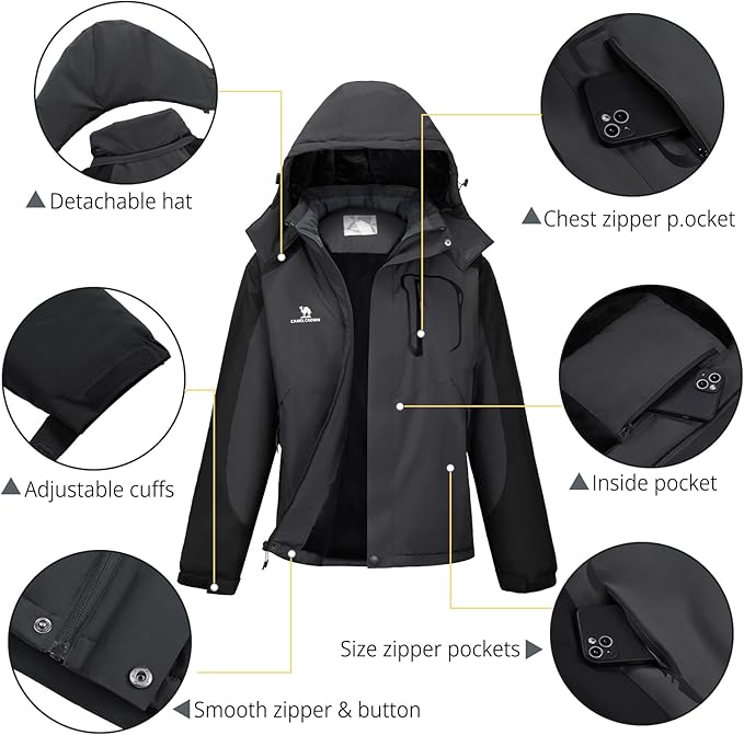 CAMELSPORTS Mens Winter Jacket Waterproof Warm Snow Ski Jackets Faux Fur Fleece Rain Coats with Removable Hood