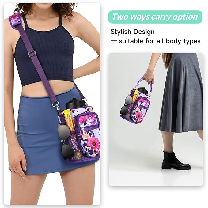 32/40/64/87/128 oz Water Bottle Carrier Bag, Neoprene Water Bottle Sleeve with 4 Pocket, Sport Water Holder with Paracord Handle and Shoulder Strap for Walking Hiking Camping Gym