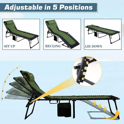 Oversized Padded Outdoor Folding Lounge Chair for Adults 330Ibs Patio Chaise Lounge for Outside 5-Position Adjustable Reclining Beach Chair with Pillow Pocket