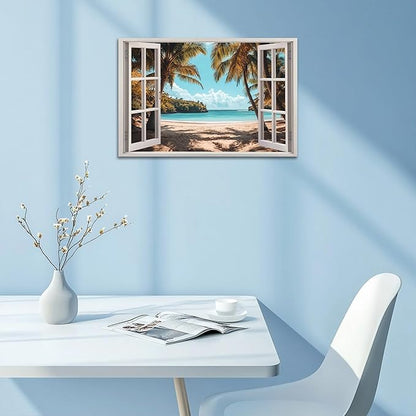 ANRUOXI Beach Wall Art, Window Frame Style Canvas Wall Decor Ocean, Blue Sea & Tropical Palm Tree Ocean Island Canvas, Paradise Scenery Nature Landscape Painting for Living Room Office Home 18x24 Inch