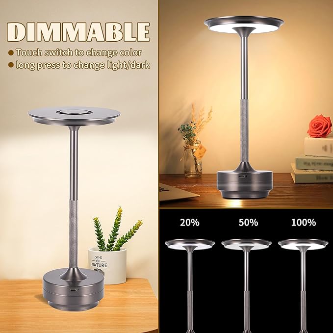 Rechargeable Cordless LED Table Lamps Touch Sensor Light, 3-Levels Portable Dimming Wireless Battery Operated Lamp，Nightstand Lamp/Night Light/Restaurant Table/Outdoor/Coffee/Bar (Grey)