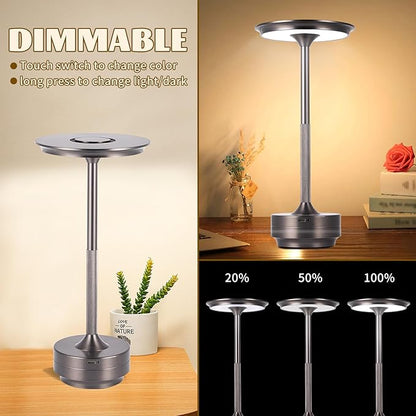 Rechargeable Cordless LED Table Lamps Touch Sensor Light, 3-Levels Portable Dimming Wireless Battery Operated Lamp，Nightstand Lamp/Night Light/Restaurant Table/Outdoor/Coffee/Bar (Grey)