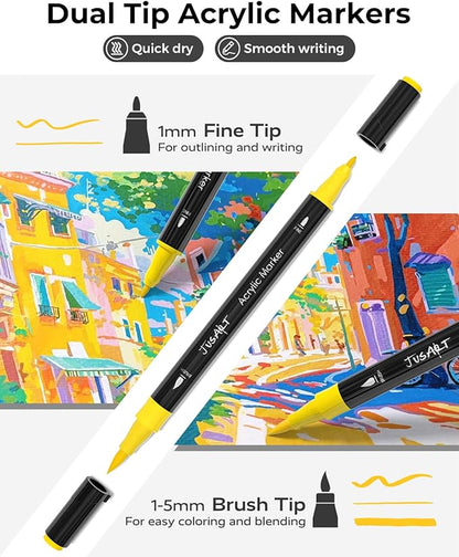 JusArt 48 Colors Dual Tip Acrylic Paint Pens Markers, Brush and Fine Tip, Premium Paint Pens for Wood, Canvas, Egg, Stone, Fabric, Rocks, Metal, Glass, Ceramic, DIY Crafts Making Art Supplies Gifts