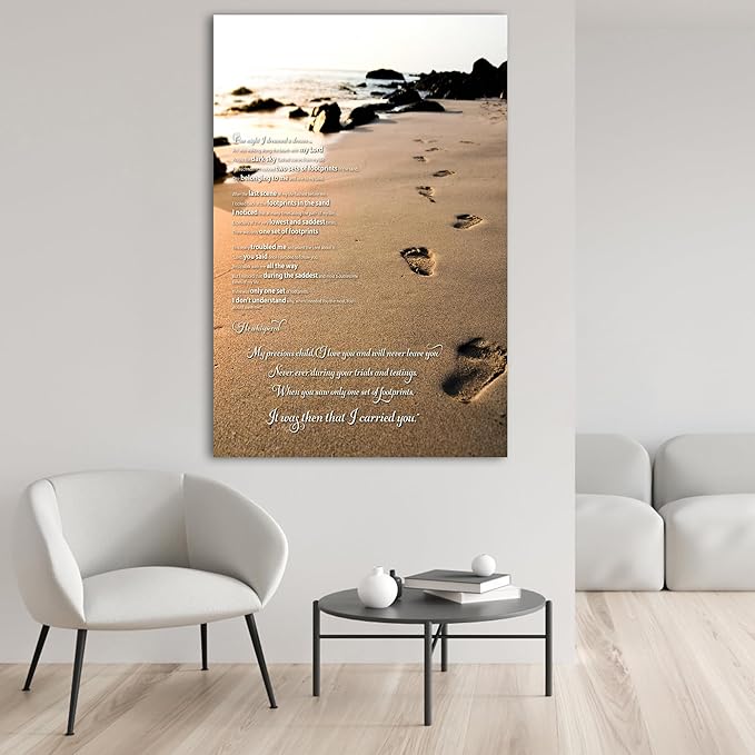 Footprints in the Sand Wall Art Decor, Footprints in the Sand Canvas Prints Wall Art, Inspirational Christian Poem Wall Poster Gift, Beach Picture Wall Art for Living Room Beach Office 32"Wx48"HInches