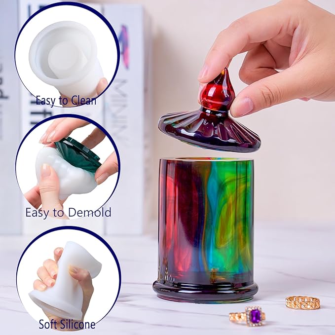 Jar Resin Molds Valentine Storage Box with Lid Epoxy Resin Casting Mold Cylinder Jars Candle Jewelry Trinket Container Mould DIY Planter Candy Organizer Making Concrete Cement Moulds Craft Home Decor