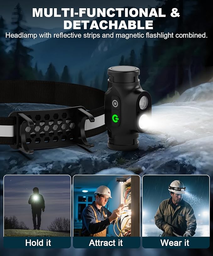 Rechargeable Running Headlamp, High Lumens Bright Head Lamp Led with Motion Sensor, 4 Modes, Magnet, Detachable Flashlight & Headband for Adult, Outdoor, Emergency, Hard Hat Light 4PC
