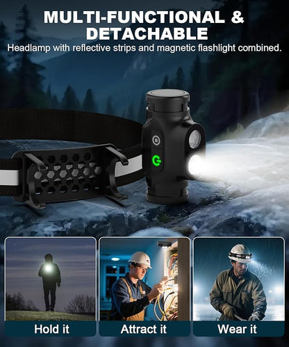 Rechargeable Running Headlamp, High Lumens Bright Head Lamp Led with Motion Sensor, 4 Modes, Magnet, Detachable Flashlight & Headband for Adult, Outdoor, Emergency, Hard Hat Light 4PC