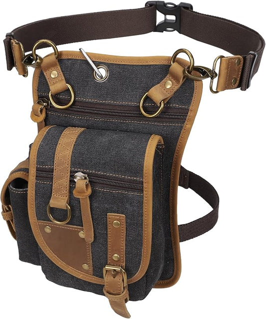 Canvas Drop Leg Bag Tactical Thigh Outdoor Waist Pack for Men Women Military Cycling Multi-Pocket Waist Fanny Pouch Daypack (C116-Black)