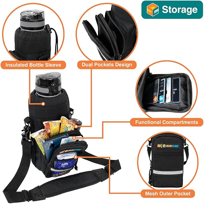 SUN CUBE Water Bottle Carrier with Strap, Insulated Water Bottle Carrier Bag with Phone Pocket Pouch, Sleeve Sling Purse Crossbody Bottle Holder for Walking, Sports, Hiking Accessories 40/64 oz