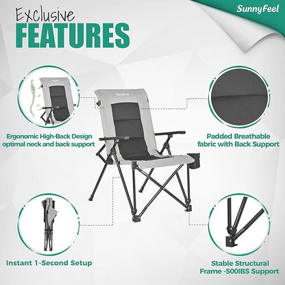 SUNNYFEEL Ergonomic High Back Camp Chair - 500lbs Heavy Duty Folding Chair, UV-Resistant Portable Camp Chair with Hard Armrests, Cup Holder＆ Bag for Outdoor, Basebal, Travel, Sports, Hiking, Fishing