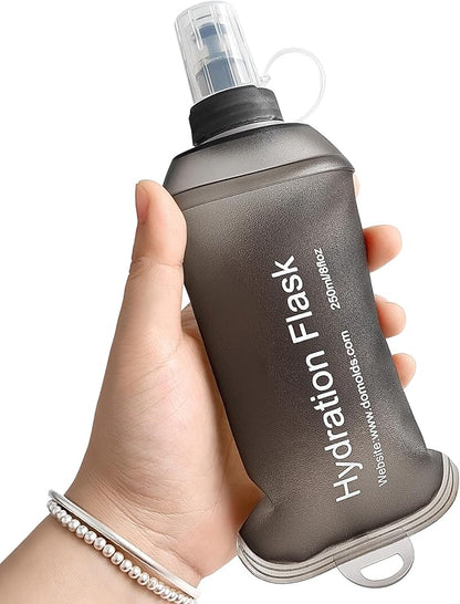 GYGYL Soft Flask, TPU Collapsible Soft Water Bottle for Hydration Pack, Running Vest, Leak-Proof Folding Water Bottle for Hiking Cycling Climbing Jogging-250ml Grey