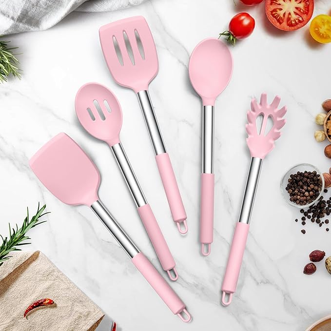 TeamFar Cooking Utensils Set, 5 PCS Silicone Kitchen Utensils with Stainless Steel Handle for Nonstick Cookware Turning Flipping Frying Draining, Heatproof & Healthy, Nonstick & Easy Clean, Pink