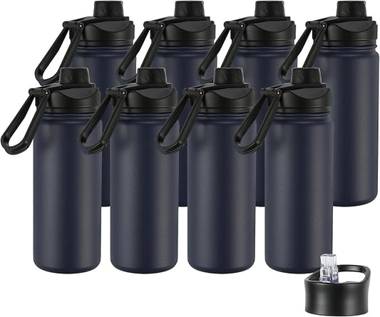 16 oz Insulated Water Bottle with Straw Lids, Stainless Steel Kids Water Bottles for School, Double Wall Vacuum Metal Water Bottle with Straw & Wide Mouth Lid, Navy 8 Pack