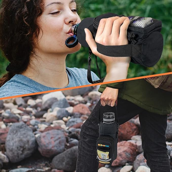 SUN CUBE Water Bottle Carrier with Strap, Insulated Water Bottle Carrier Bag with Phone Pocket Pouch, Sleeve Sling Purse Crossbody Bottle Holder for Walking, Sports, Hiking Accessories 40/64 oz