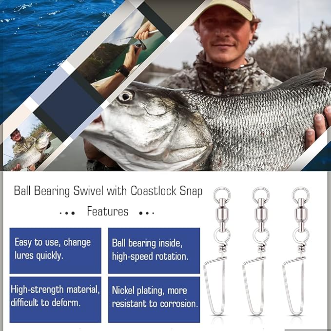 AMYSPORTS Clips Steel Snap Swivels Fishing Ball Bearing Swivels Fishing Saltwater Heavy Barrel Fishing Swivels Stainless White Nickel