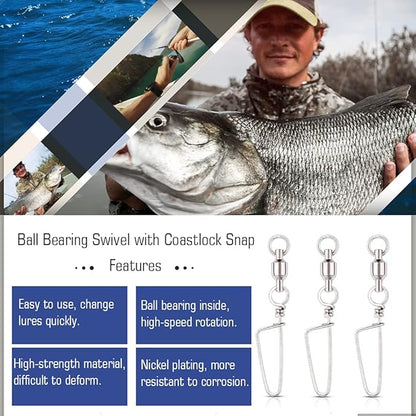 AMYSPORTS Clips Steel Snap Swivels Fishing Ball Bearing Swivels Fishing Saltwater Heavy Barrel Fishing Swivels Stainless White Nickel