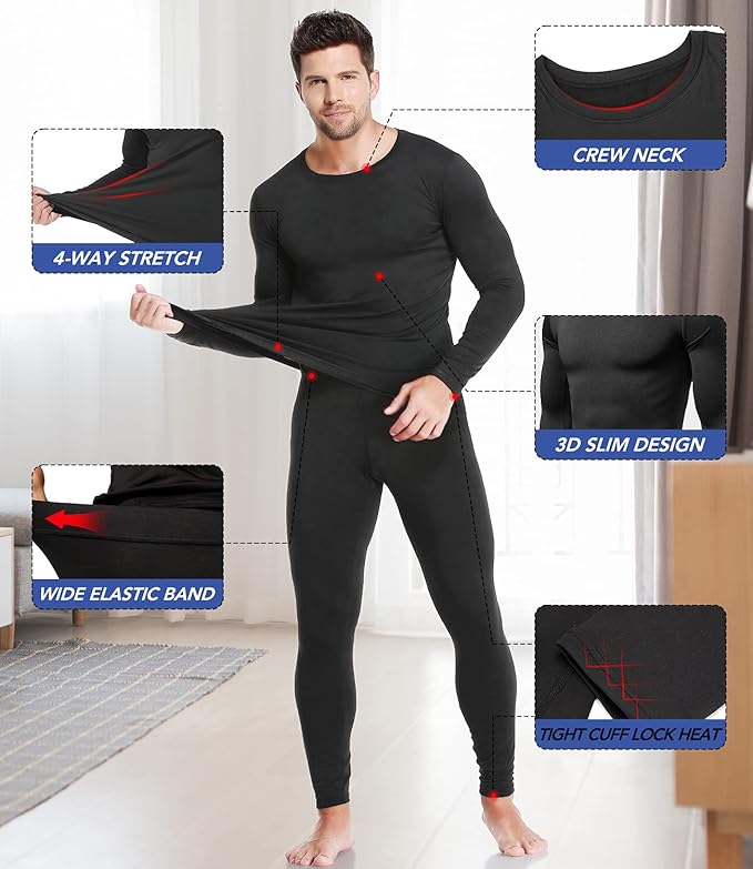 Mens Thermal Underwear Set with Lightweight Ultra Soft Fleece Lined,Long John Set, Skiing Base Layer