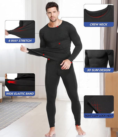 Mens Thermal Underwear Set with Lightweight Ultra Soft Fleece Lined,Long John Set, Skiing Base Layer