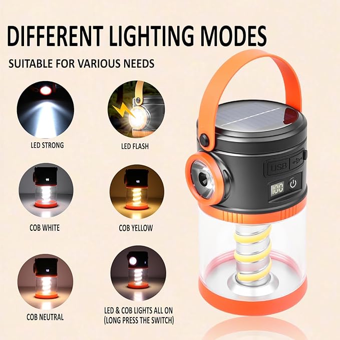 Portable LED Camping Lantern with Flashlight - COB Solar USB Battery Powered for Power Outages,Emergency Survival Light,Hurricane Preparedness Gear for Home Outdoor-Camping(Orange 2PACK)