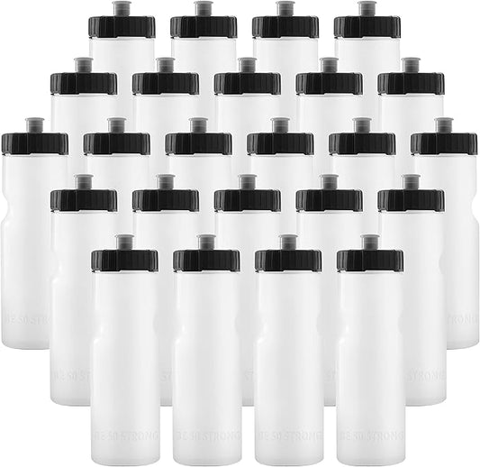 50 Strong Bulk Water Bottles | 24 Pack Sports Bottle | 22 oz. BPA-Free Easy Open with Pull Top Cap | Made in USA | Reusable Plastic Water Bottles for Adults & Kids | Top Rack Dishwasher Safe