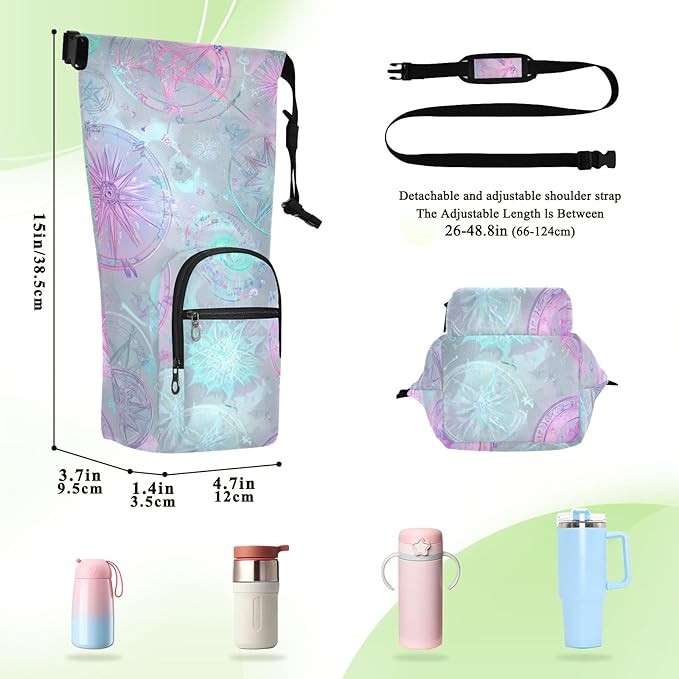 Rainbow Color Circular Pentagrams Stars Water Bottle Holder with Strap Insulated Water Bottle Carrier Crossbody Bags Pouch with Phone Pocket for Travel Gym Hiking Walking Running