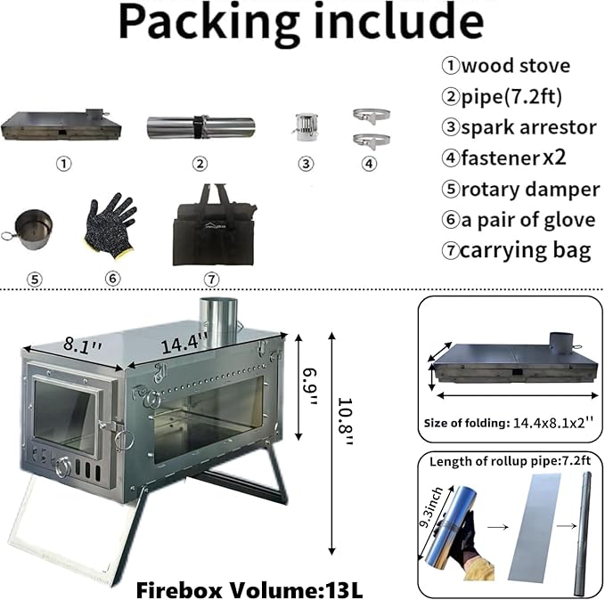 DANCHEL OUTDOOR S6/SSG Portable Folding Hot Tent Camping Stove, 304 Stainless Steel Small Tent Wood Stove with 7.2ft Pipe for Winter Survival,Cooking, Backpacking