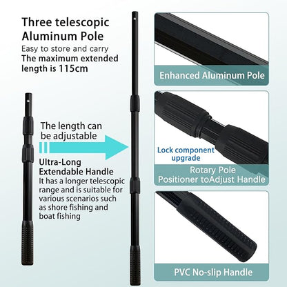 Telescoping Metal Lock Fishing Net with Handle Red Green 64" 52" 3-Section Rubber Fish Net - Adjustable Length Lightweight Foldable Large Big Collapsible Extendable Fishing Net