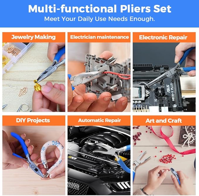 LIFEGOO 5 Pieces Mini Pliers Set – Durable Precision Tool Kit for Crafts, Jewelry & DIY, Includes Long Needle Nose, Bent Nose, Diagonal, End Cutting, Nipper (Blue)