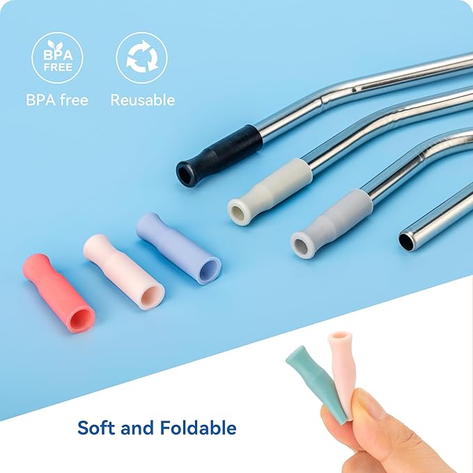 Metal Straws with Silicone Tip for Stanley 40 oz Tumbler,Reusable Straws for 40 oz Tumbler,3 Bendy 13.3" and 3 Light Gray Silicone StrawTips,1 Straw Cleanr Brush