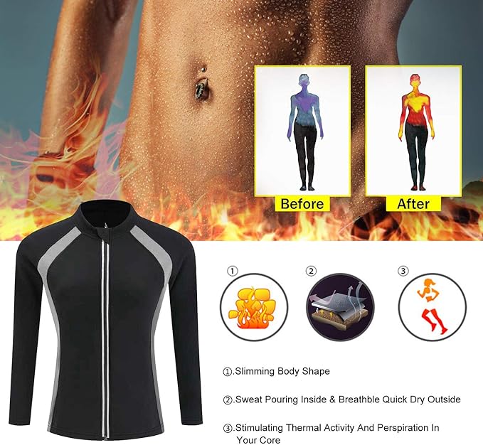 NonEcho Women Sauna Suit Waist Trainer Jacket Hot Sweat Top Neoprene Body Shaper Workout Suit Running Cycling Jersey Black
