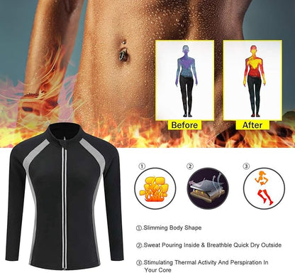 NonEcho Women Sauna Suit Waist Trainer Jacket Hot Sweat Top Neoprene Body Shaper Workout Suit Running Cycling Jersey Black