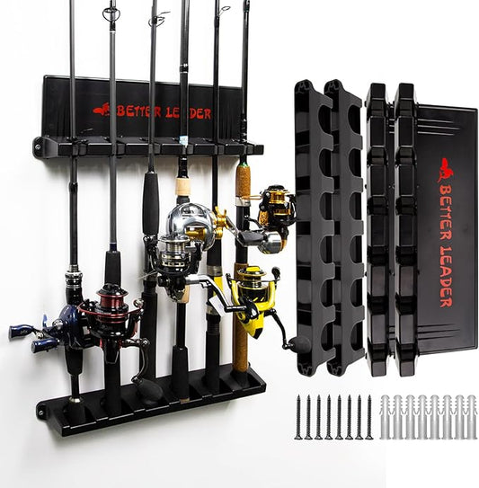 2 Pack Vertical Fishing Rod Holder for Garage, BETTER LEADER Fishing Pole Holders- Holds Up to 12 Rods or Combos, Wall Mount Fishing Pole Rack, Fits Most Rods of Diameter 3-19mm, Fishing Gifts for Men