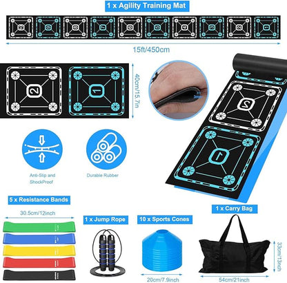 Agility Ladder Speed Training Equipment Set-15ft Non-Slip Agility Training Ladder, 10 Disc Cones, 5 Resistance Bands, Jump Rope, Rubber Ladder Mat for Soccer Footwork Drills Fitness Workouts