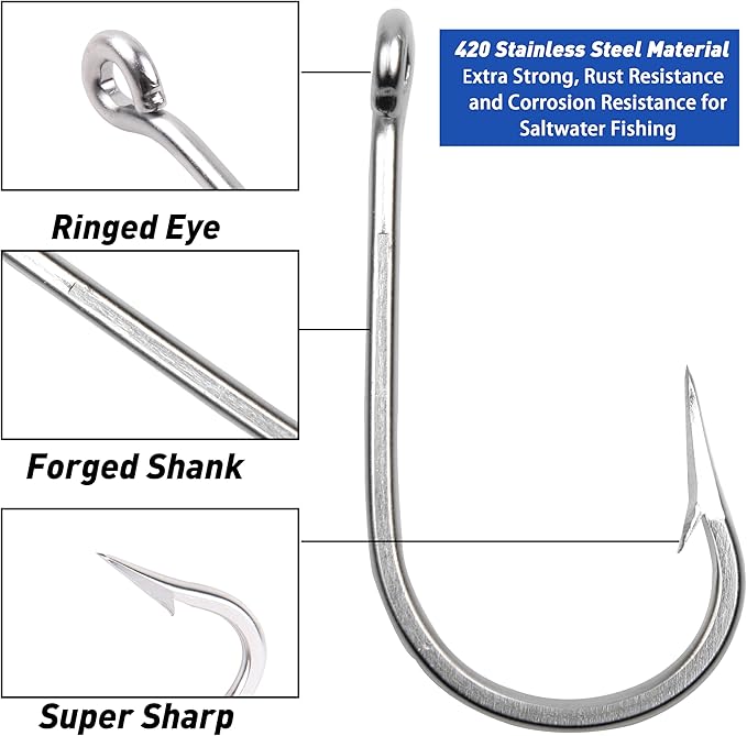 Fishing Hooks Saltwater Tuna Hooks, 15pcs Stainless Steel Big Game Hooks Forged Ringed Extra Strong Saltwater Fishing Tackle for Salmon Tuna Fishing