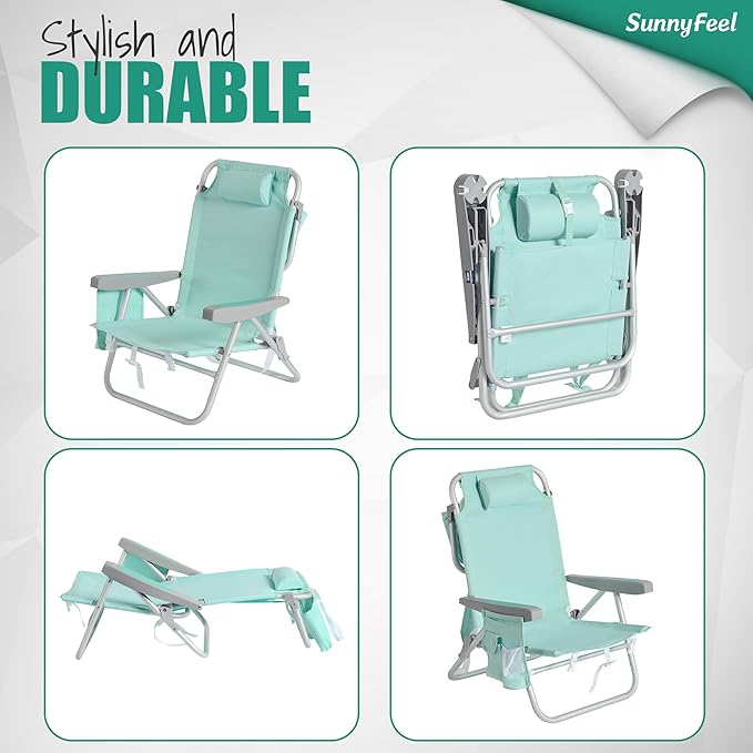 SUNNYFEEL Beach Chairs for Adults 2 Pack 5 Position Lay Flat, Portable Folding Backpack Beach Chair Heavy Duty with Cooler Bag, Cup Holder for Outdoor/Lawn/Picnic/Sand, Foldable Camping Chair