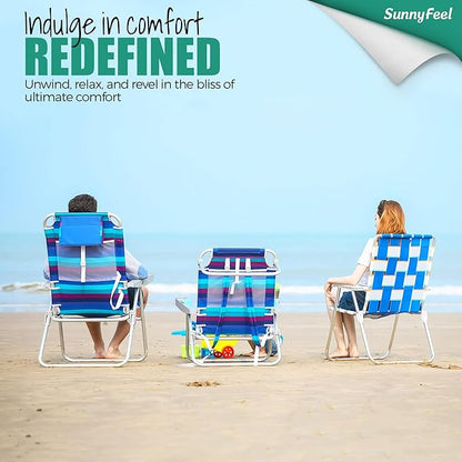 SUNNYFEEL Extra Wide 28" Low Beach Chair 5 Position Lay Flat, XL Oversized Portable Folding Camping Chairs with Cup Holder for Outdoor/Trip, Lightweight Foldable Backpack Beach Chair for Adults