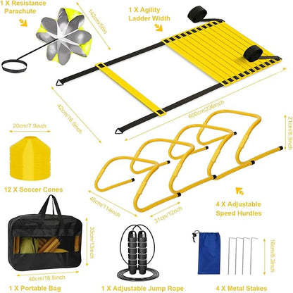 Agility Ladder, Soccer Training Equipment Set, 4 Agility Hurdles, 20ft Speed Ladder, Running Parachute, 12 Football Cones, Jump Rope | Soccer Basketball Athletes Speed Training