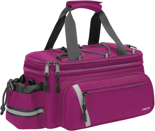 MOSISO Bike Rack Bag with Rain Cover, Bike Trunk Cooler Handag Insulated Bicycle Rear Seat Pouch with 2 Side Foldable Panniers, 8L Cycling Backseat Storage Cargo Saddle Shoulder Bag, Rose Red