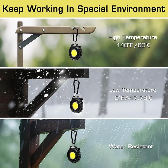 WORKPRO COB Keychain Light, 2Pcs Small Work Keychain Flashlight with Hat Clip, EDC Rechargeable Magnetic 3 Light Modes Carabiner Flashlight for Running, Emergency Hiking and Repairing, Black