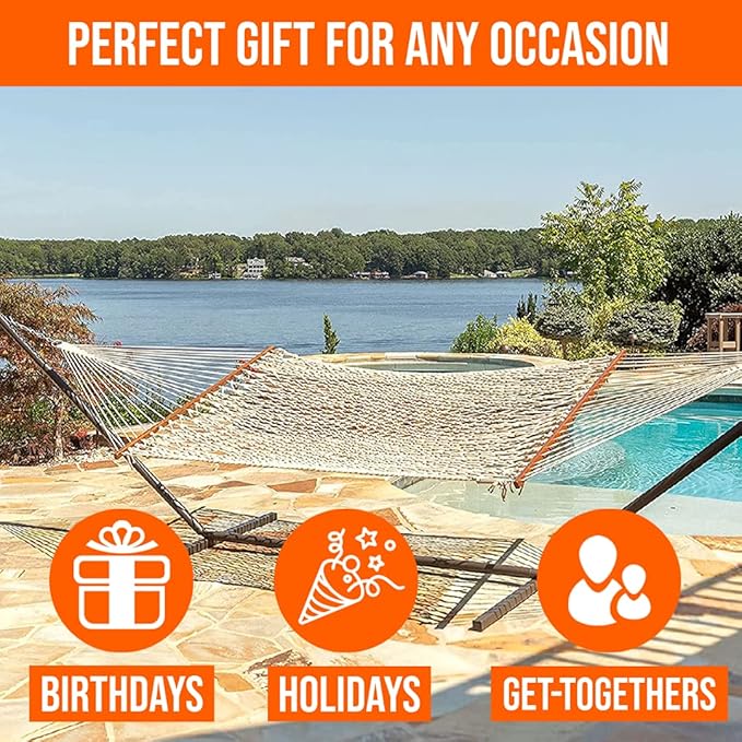 Castaway Living 13 ft. Double Traditional Hand Woven Oatmeal Polyester Rope Hammock – 2-Person, 450 lb Capacity, Free Extension Chains & Tree Hooks, Designed in The USA