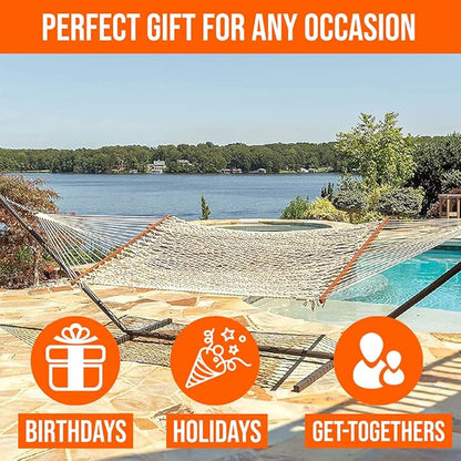 Castaway Living 13 ft. Double Traditional Hand Woven Oatmeal Polyester Rope Hammock – 2-Person, 450 lb Capacity, Free Extension Chains & Tree Hooks, Designed in The USA