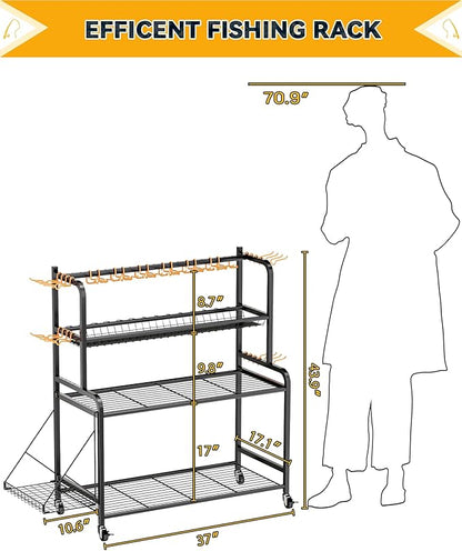 Fishing Rod Holder with 15-Pole Rack 3-Tier Fishing Cart for Fishing Accessories and Gear Storage, Perfect Fishing Pole Holders for Garage, Home or Shed, Ideal Fishing Gift for Men and savior