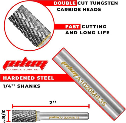 Tungsten Carbide Burr Set 1/4" Shank 10PC Double Cut Rotary Cutting Burrs Die Grinder Bits for Steel and Wood Working, Grinding, Carving, and Engraving