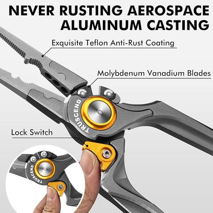 TRUSCEND Lockable Handy Fishing Pliers with Innovative Ergonomical Handle, Corrosion Saltwater Resistant Teflon Coated Fishing Tool, Multi-Function Fishing Gear with Mo-V Cutter, Fishing Gifts for Men