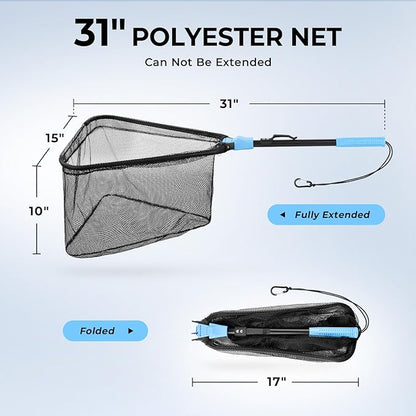 Calamus Triangle Fishing Net, Foldable, Lightweight & Strong Landing Net with Non-Slip Elastomer Handle, Built-in Elastic Lanyard and Belt Clip, Fishing Gear - Gift for Men