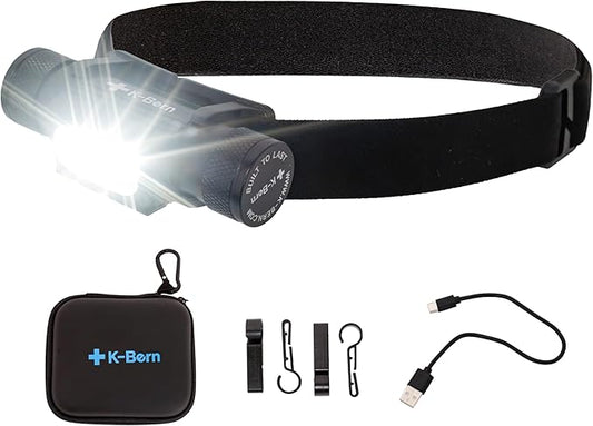 K-Bern Rechargeable Headlamp. 1850 Lumen, Ultra Bright Head Lights for Forehead. Waterproof, Lightweight Aluminum, 2600mAh Battery, Perfect for Dog Walking, Camping, Hiking & Hard Hats