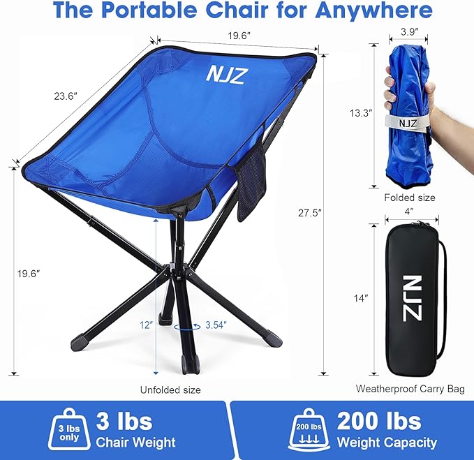 Portable Camping Chairs - 15s Setup & Compact 13" Fold - Backpacking Chair with Carry Bag, Camp Chair for Picnics, Fishing, Festival Sporting Events, Support 200 LBS - Blue